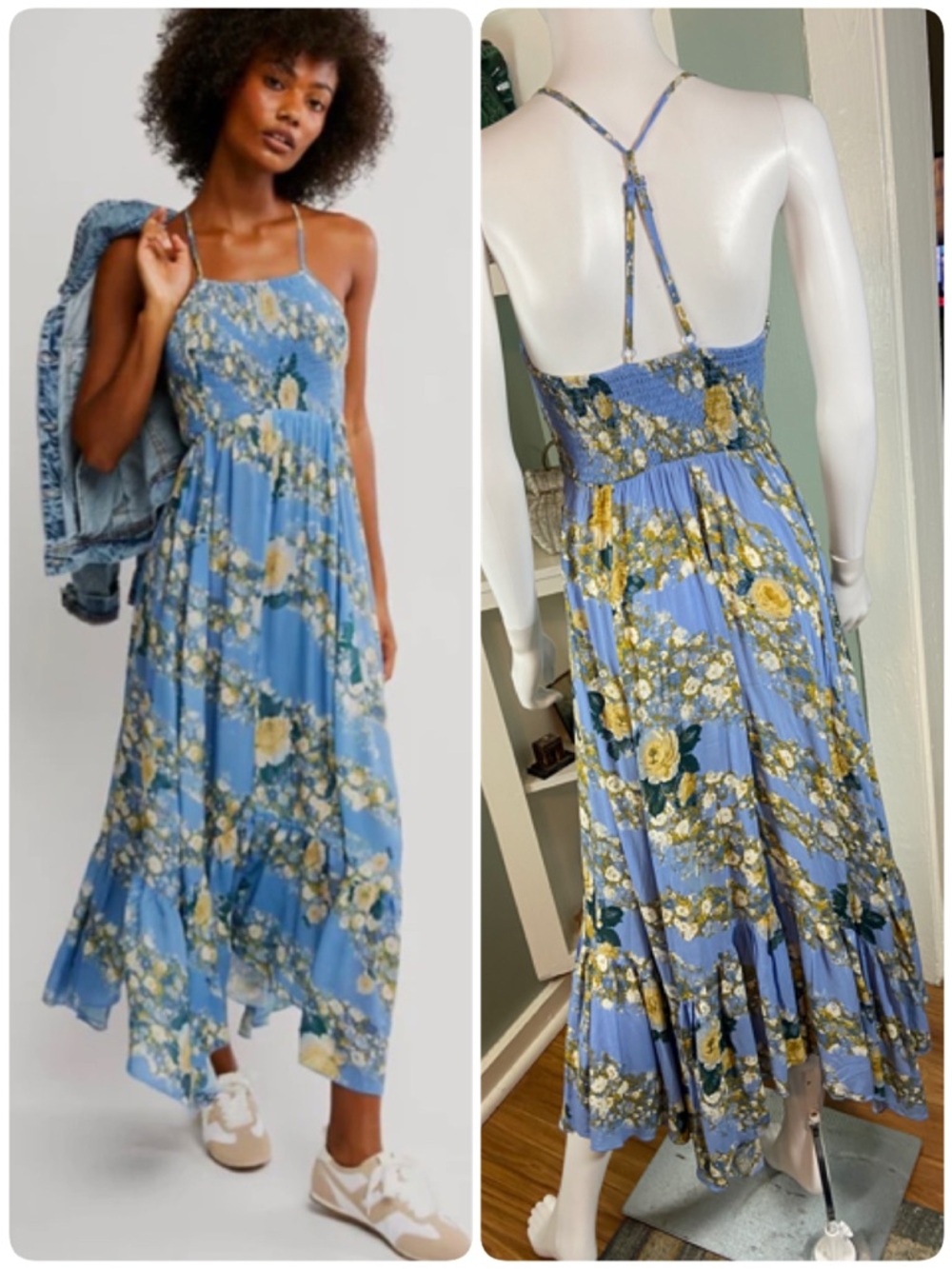 Intimately Free People Heat Wave Blue Floral Halter Maxi Dress Handkerchief M